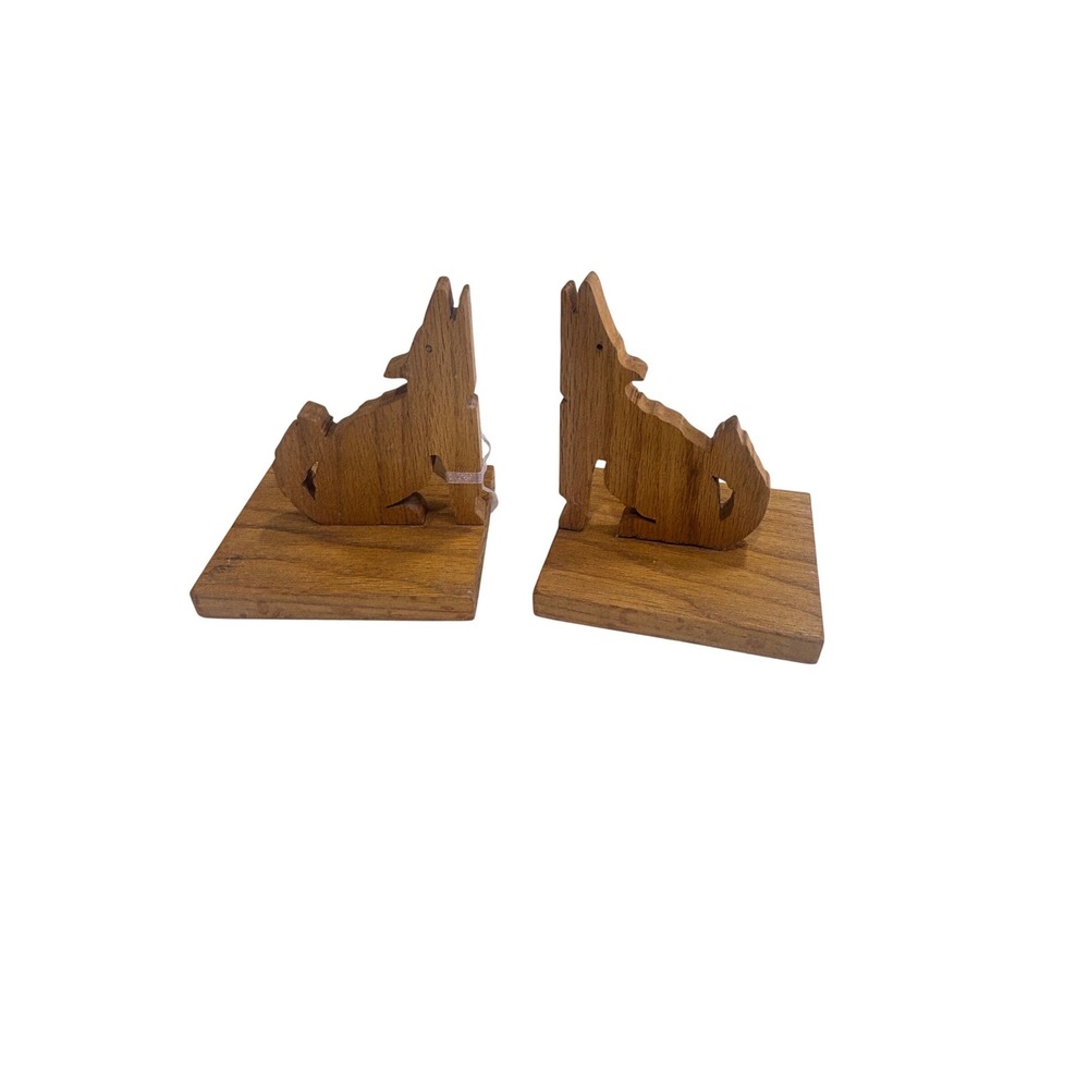 Vintage Hand Carved Wooden Howling Coyote Bookends Rustic Southwest Decor Pair